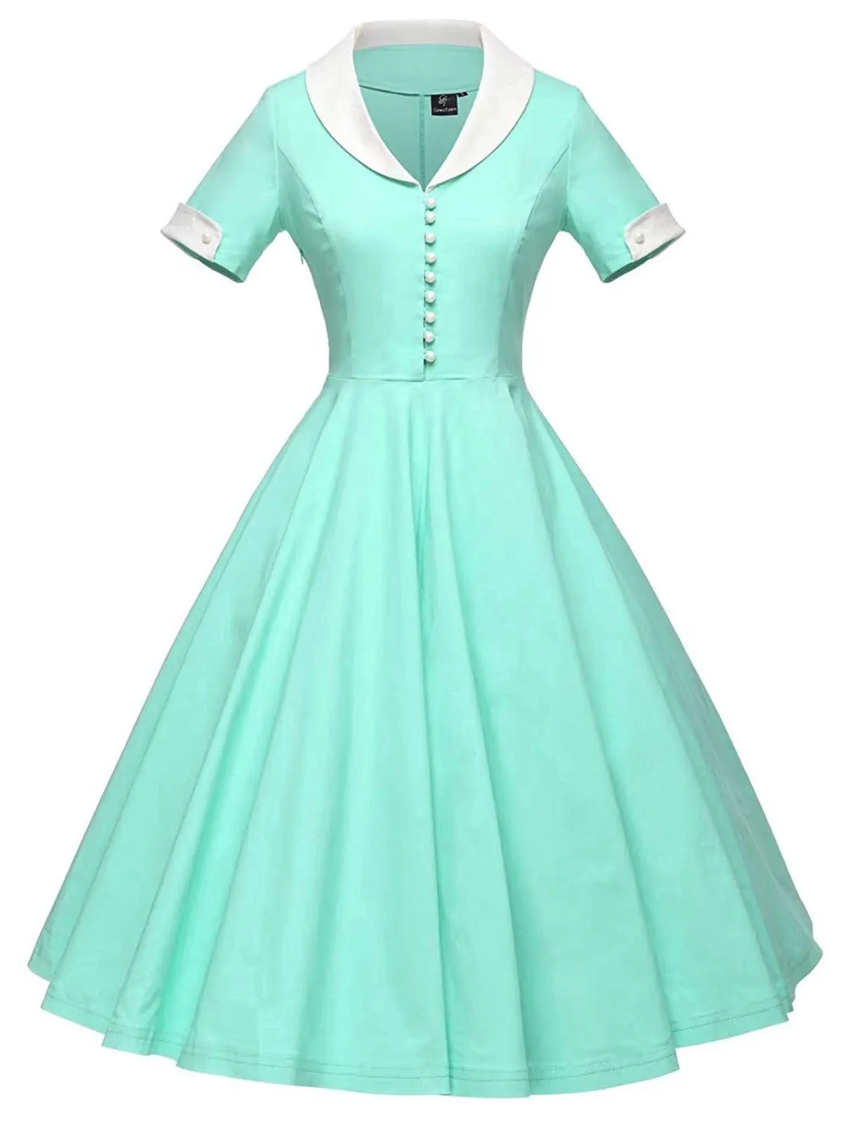 Turndown Collar Swing Dress 1950s Solid