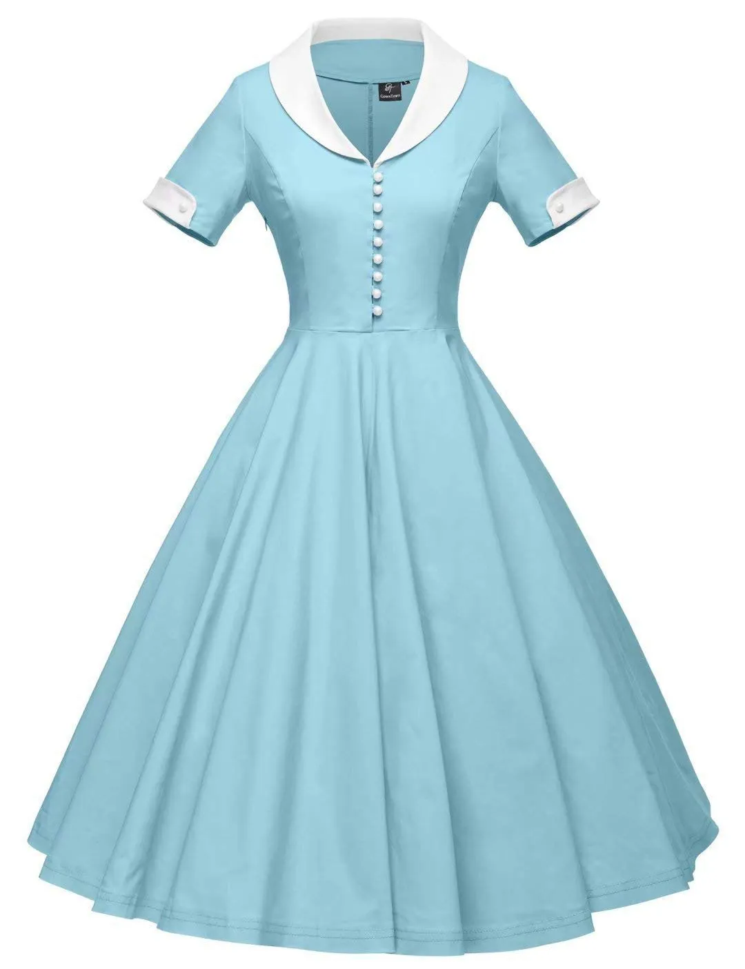 Turndown Collar Swing Dress 1950s Solid