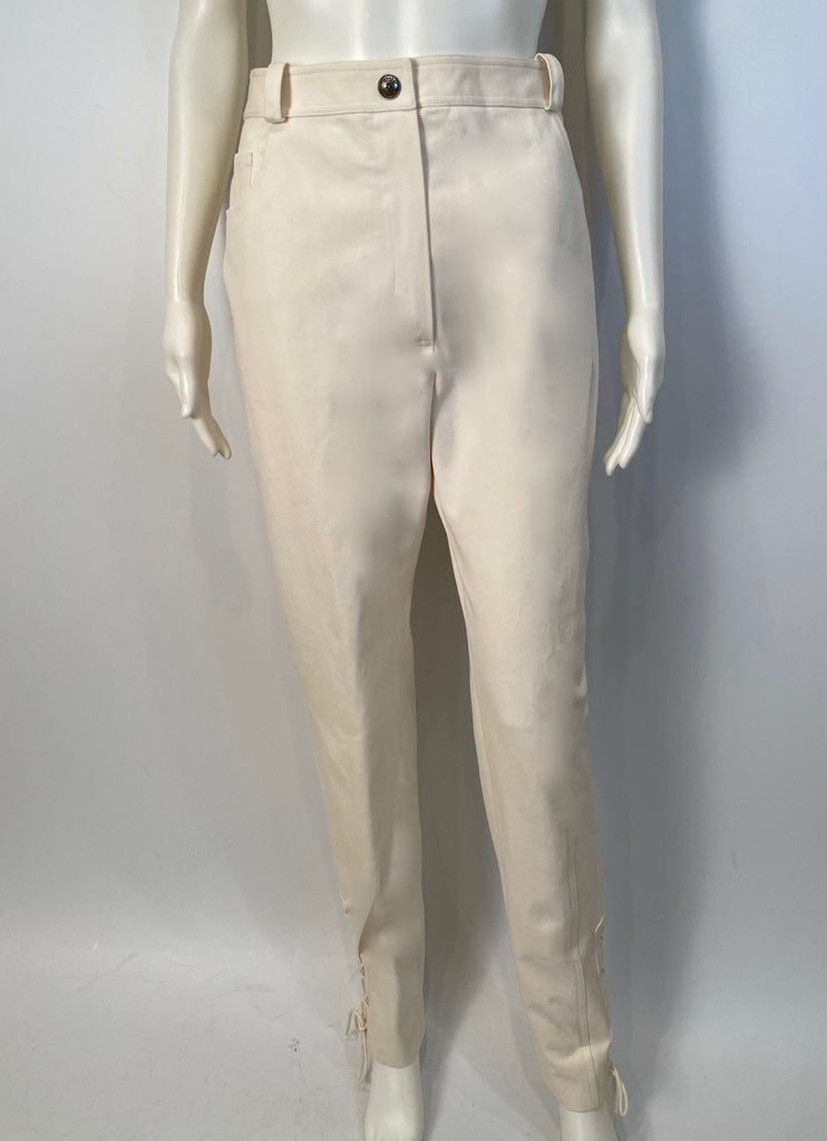 1997 Chanel Vintage White Cotton Pants with lace up ankles in size FR 44 US 8/10.