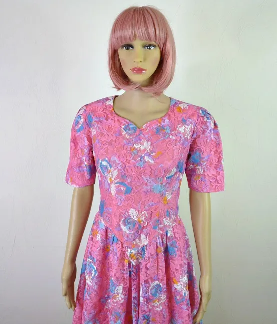 80s Vintage Pink Floral Lace Dress