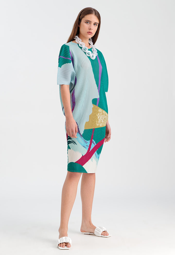 Abstract Pleated Dress with Print