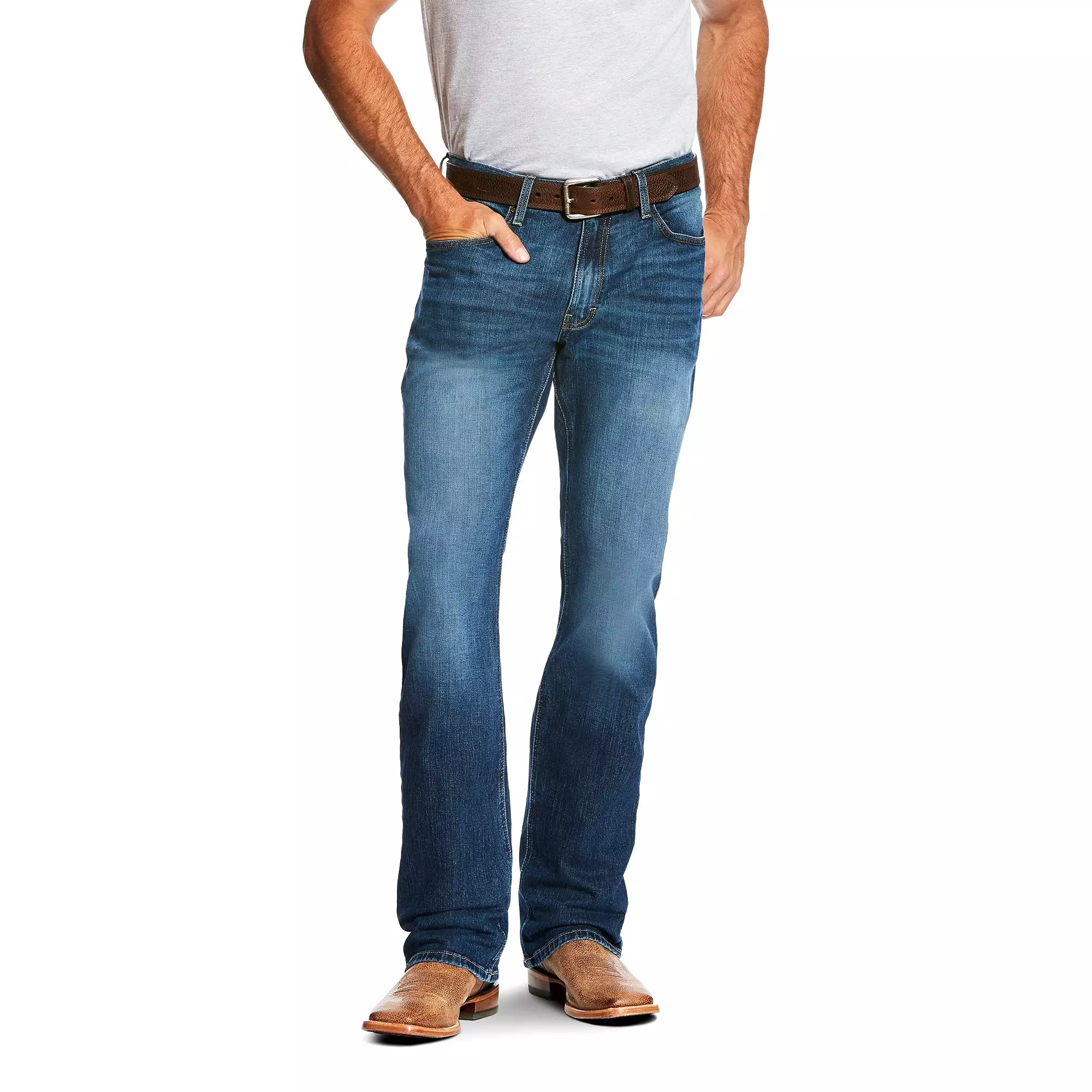 Ariat M4 low rise relaxed boot cut jeans in men's size with flexible stretch fabric, leg length 36.