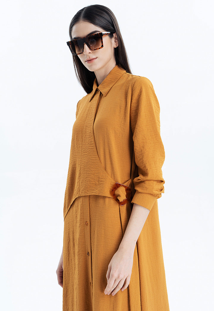 Asymmetrical Solid Dress with Flap Belt.