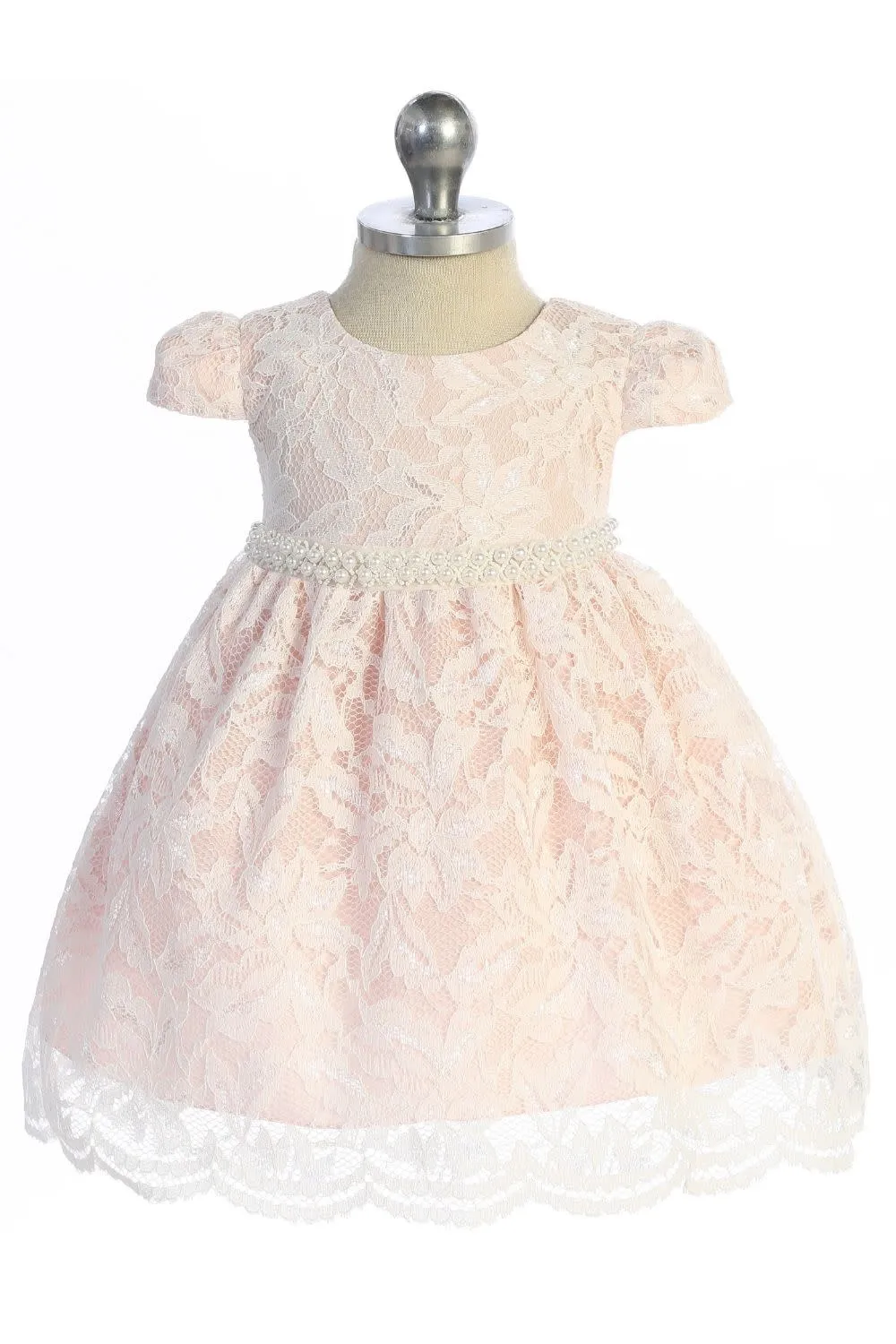 Baby V-Back Bow Lace Dress w/Pearl Trim