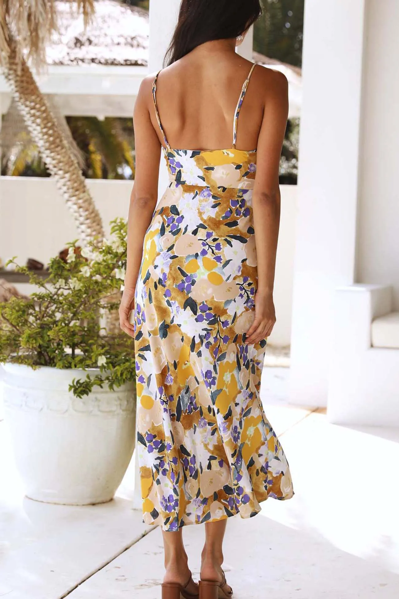 Backless Floral Print Slit Cami Dress