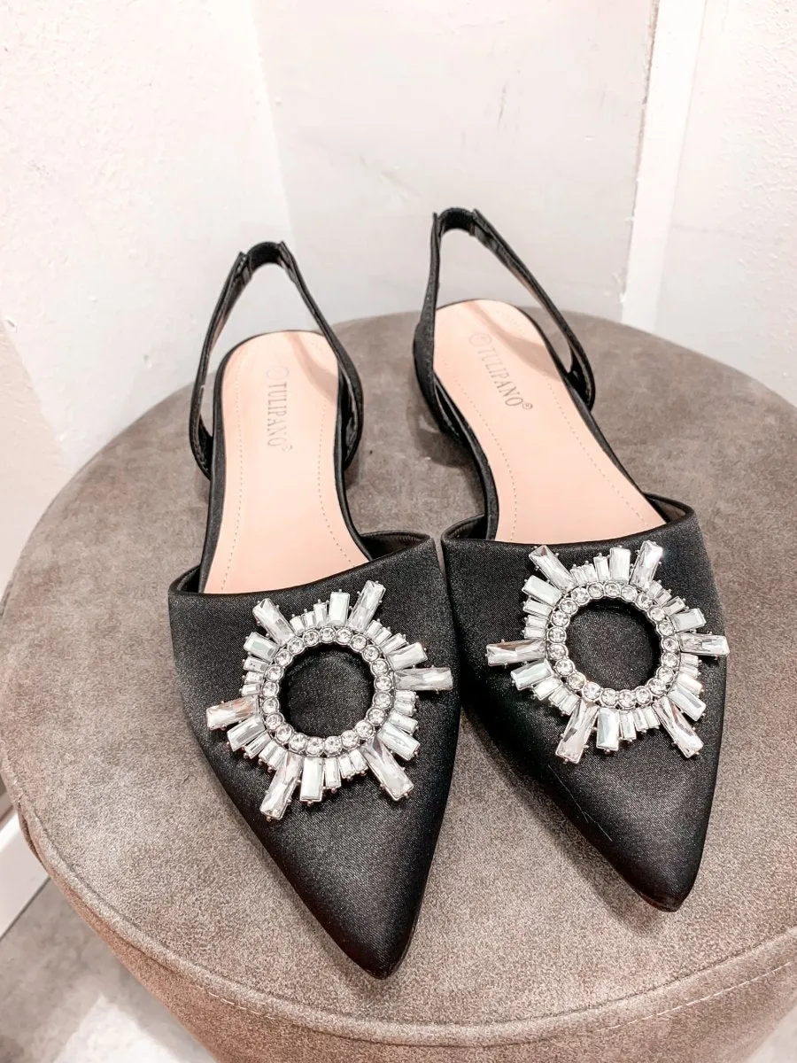 Black Satin Ballerine Slingback with Jewel Detail