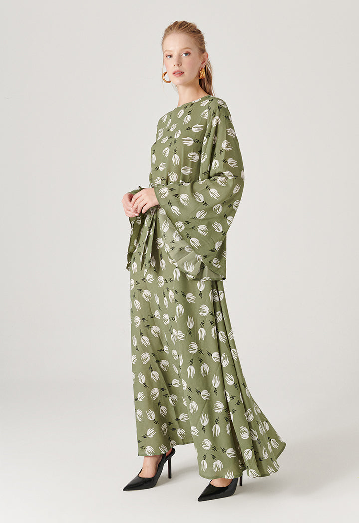 Bell Sleeve Printed Long Dress