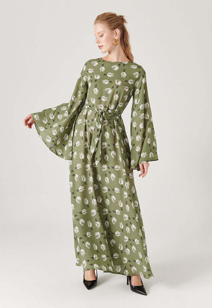 Bell Sleeve Printed Long Dress