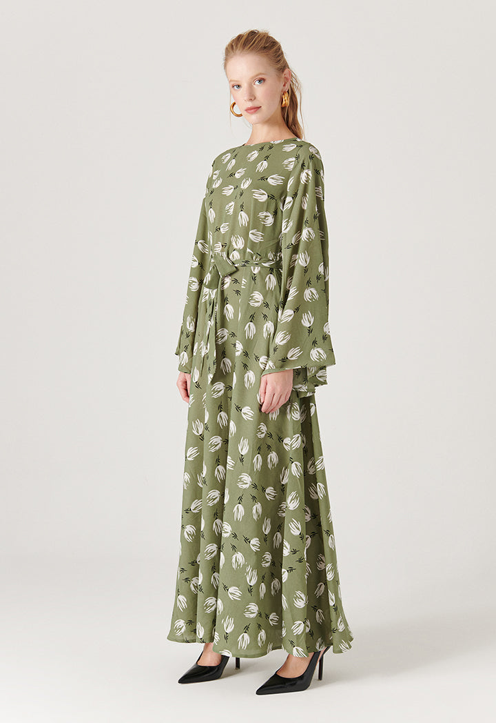 Bell Sleeve Printed Long Dress