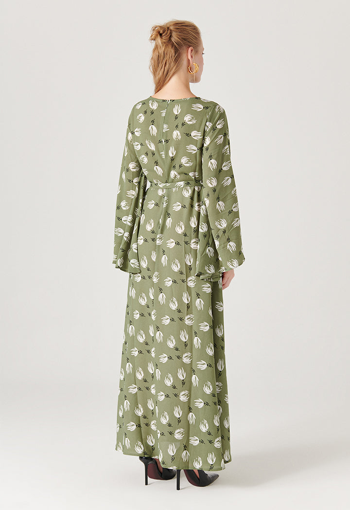 Bell Sleeve Printed Long Dress