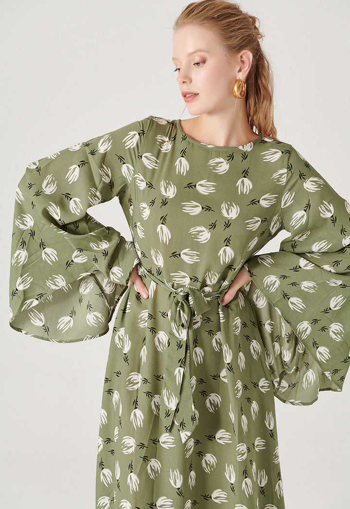 Bell Sleeve Printed Long Dress