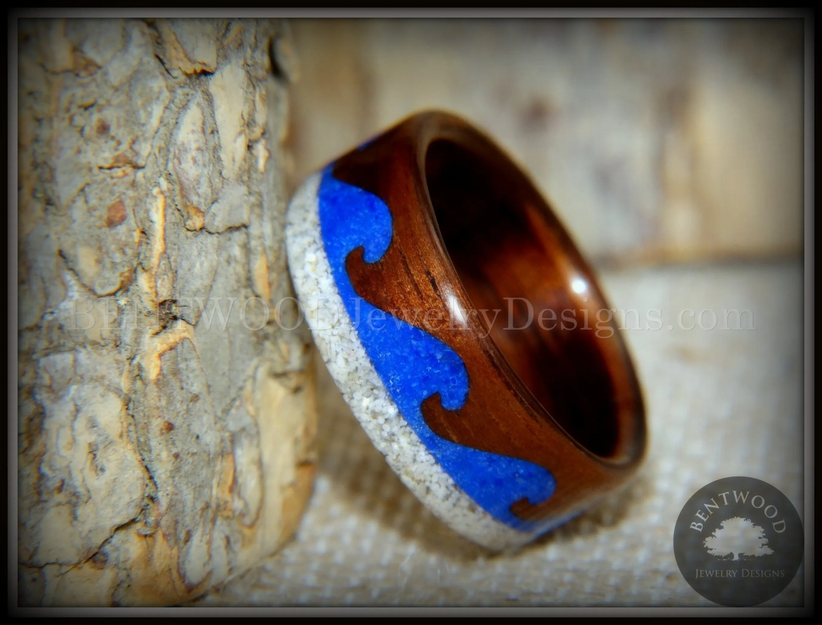 Bentwood Ring Beach Waves Koa, Blue Lapis & Beach Sand - Buy Now!