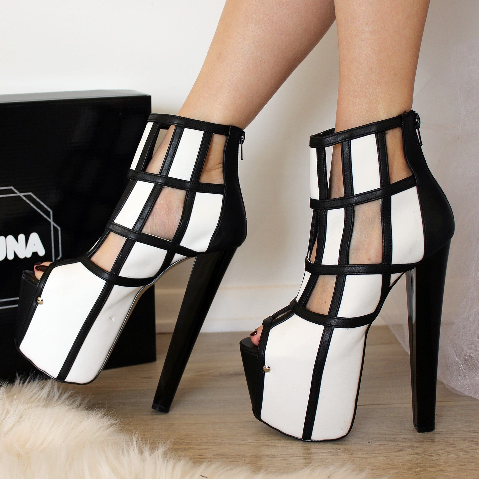 Black and White Cage Ankle Boots