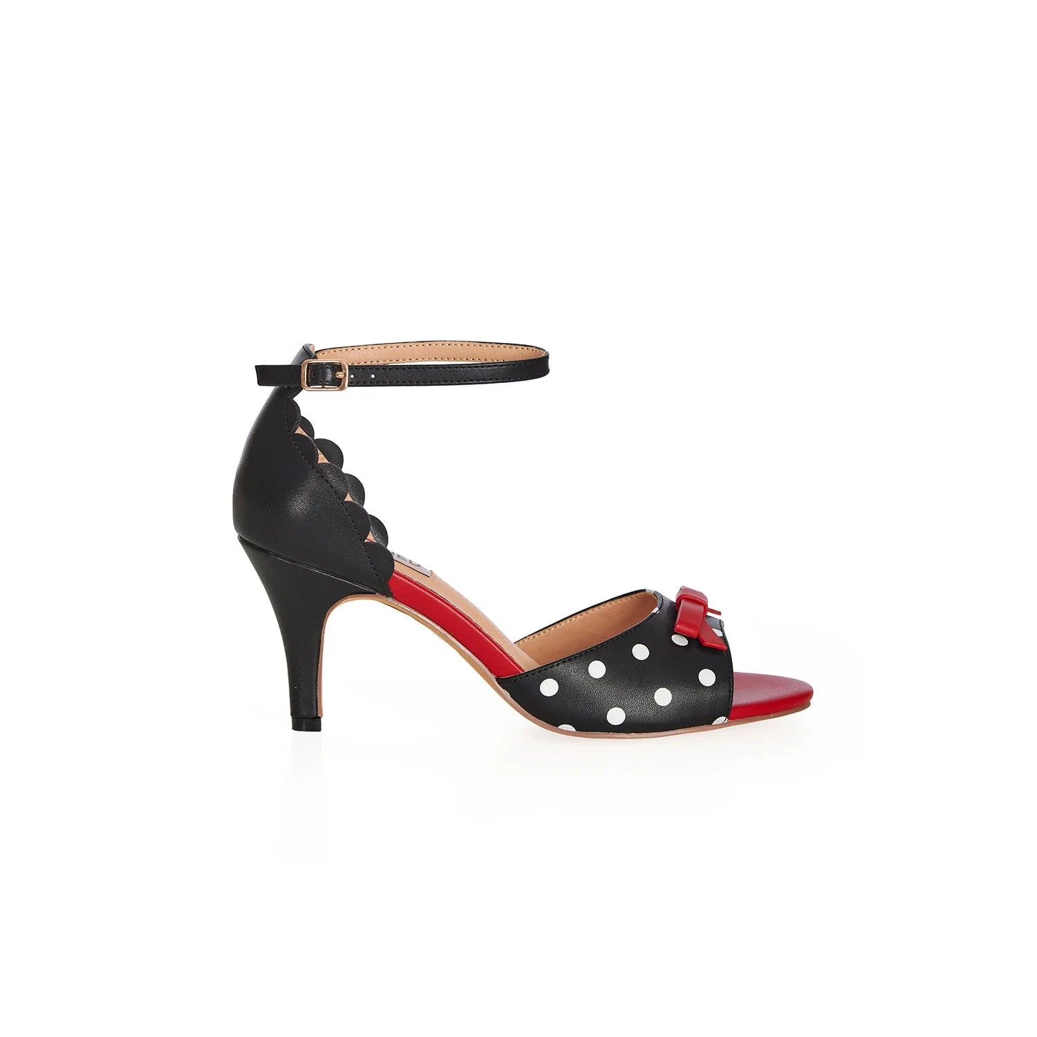 Black and White Polka Dot Open Toe Heels - Red Bow Detail