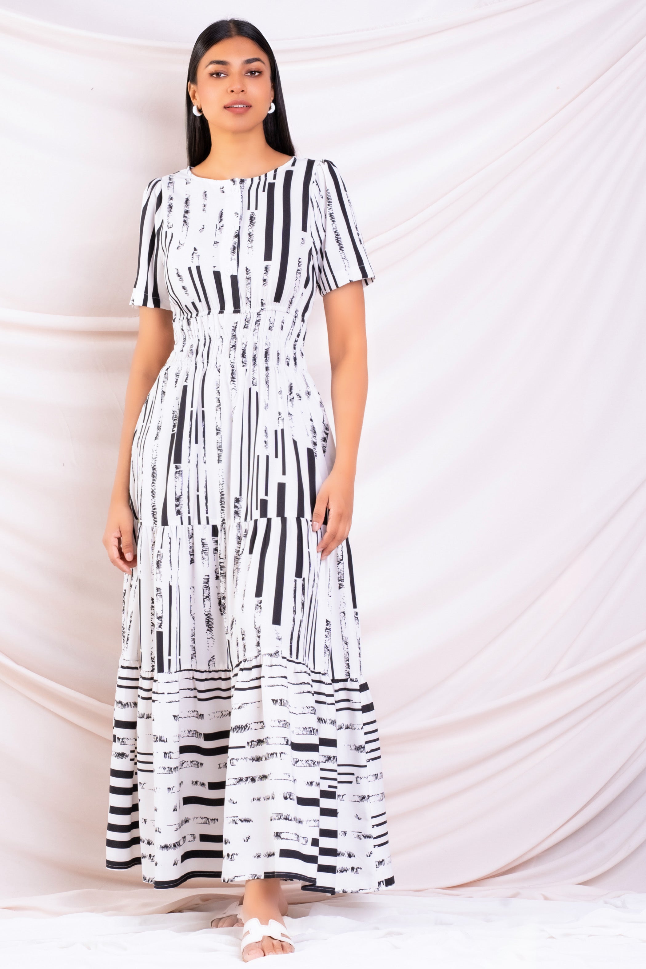 Black and white printed maxi dress.