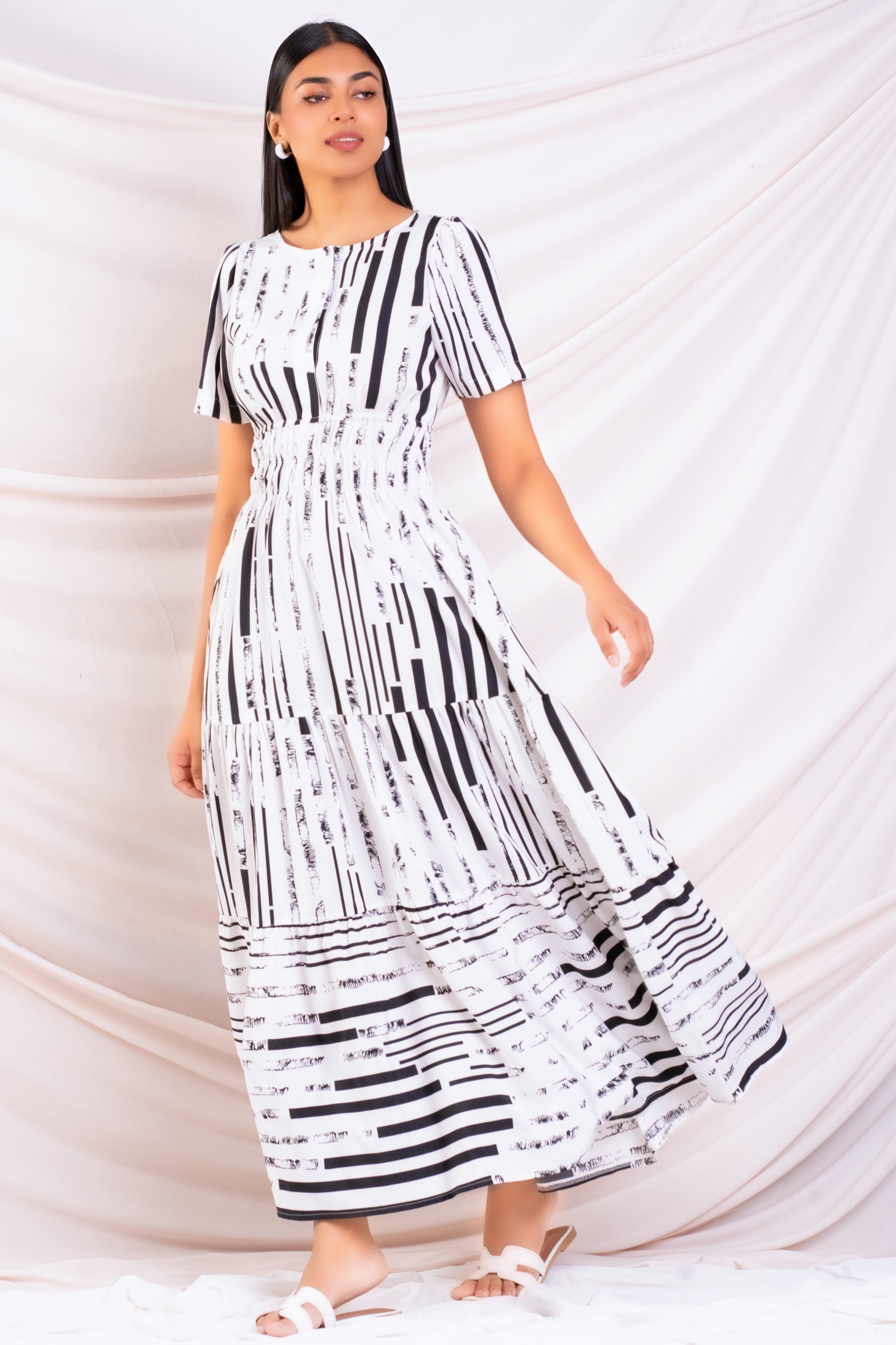 Black and white printed maxi dress.