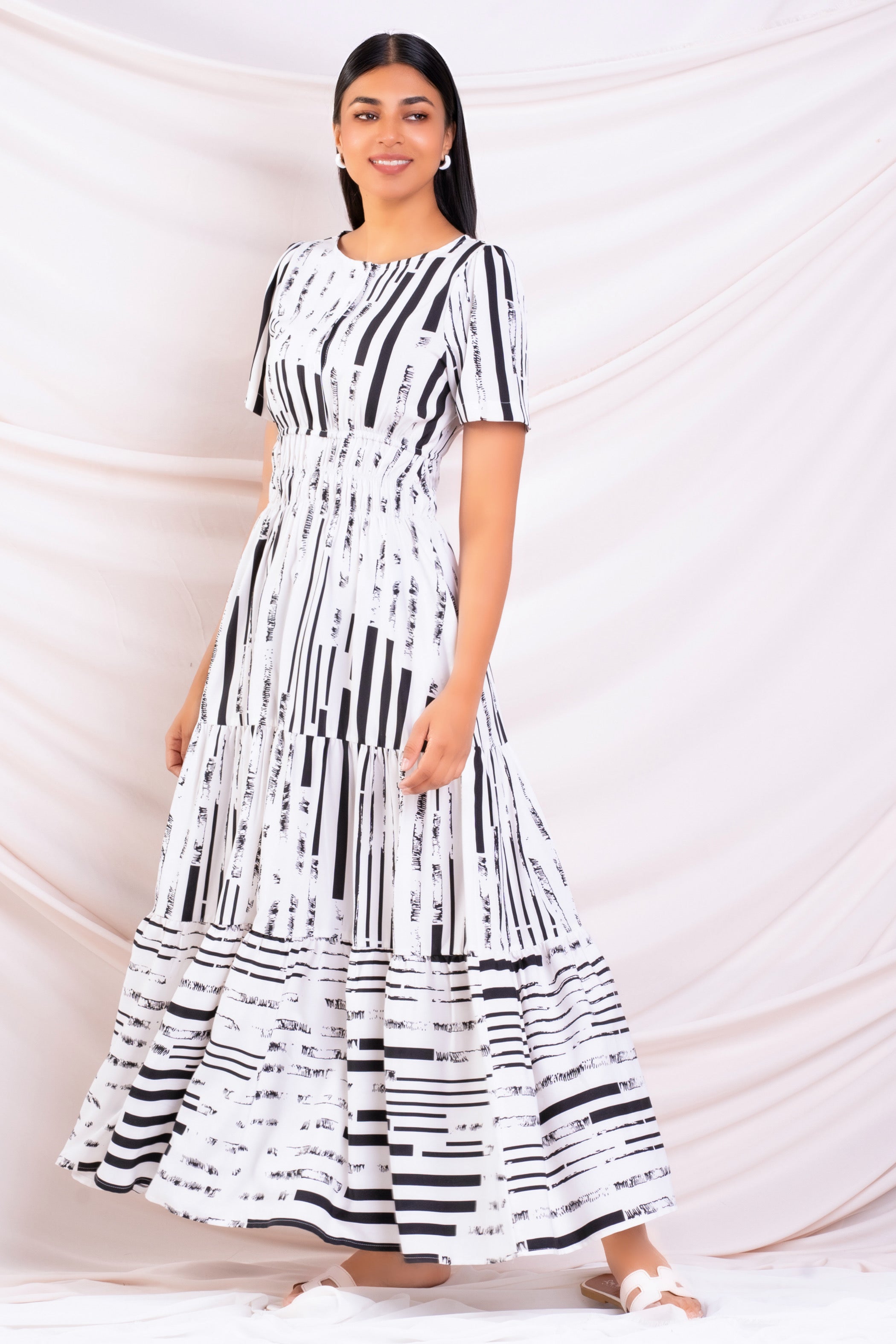 Black and white printed maxi dress.