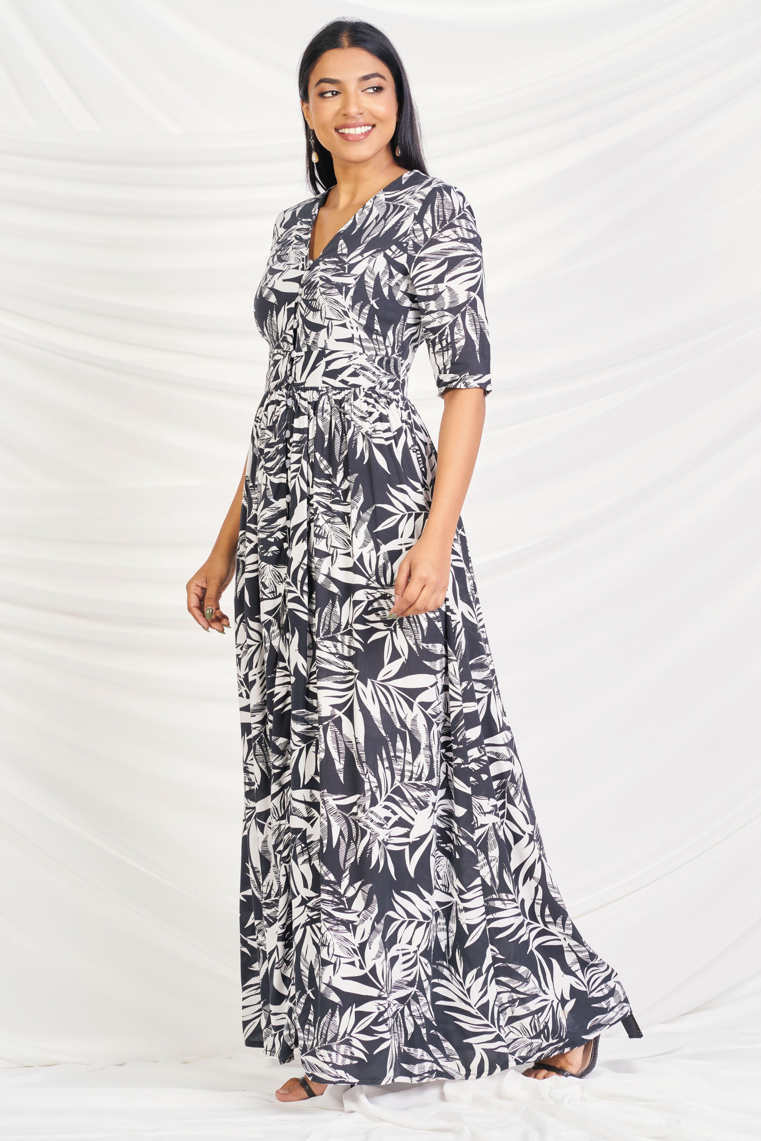 Black and white printed maxi dress.