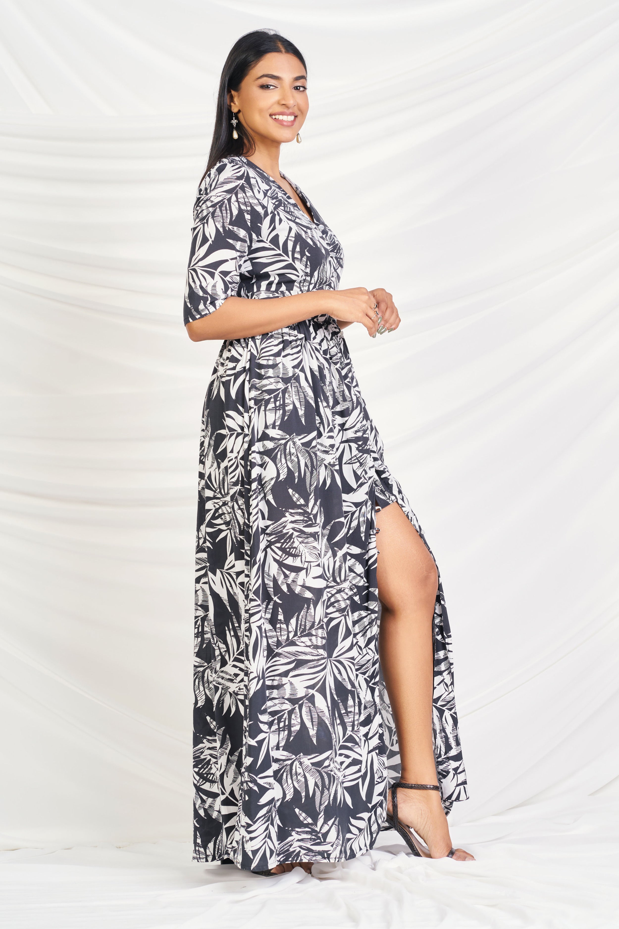 Black and white printed maxi dress.