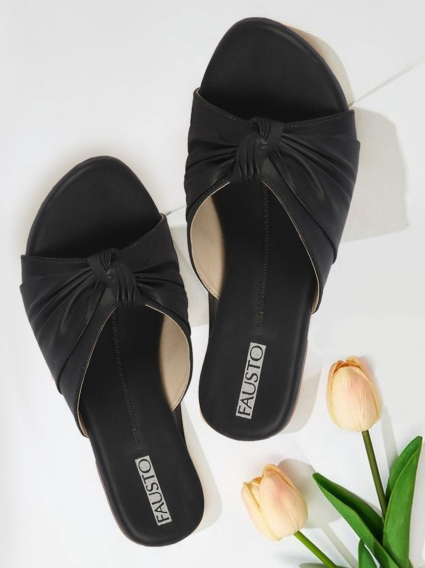 Black Bow Open Toe Slip On Flats Slippers for Women