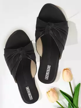 Black Bow Open Toe Slip On Flats Slippers for Women