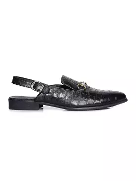 Black Croco Leather Horsebit Buckle Slingback Mules