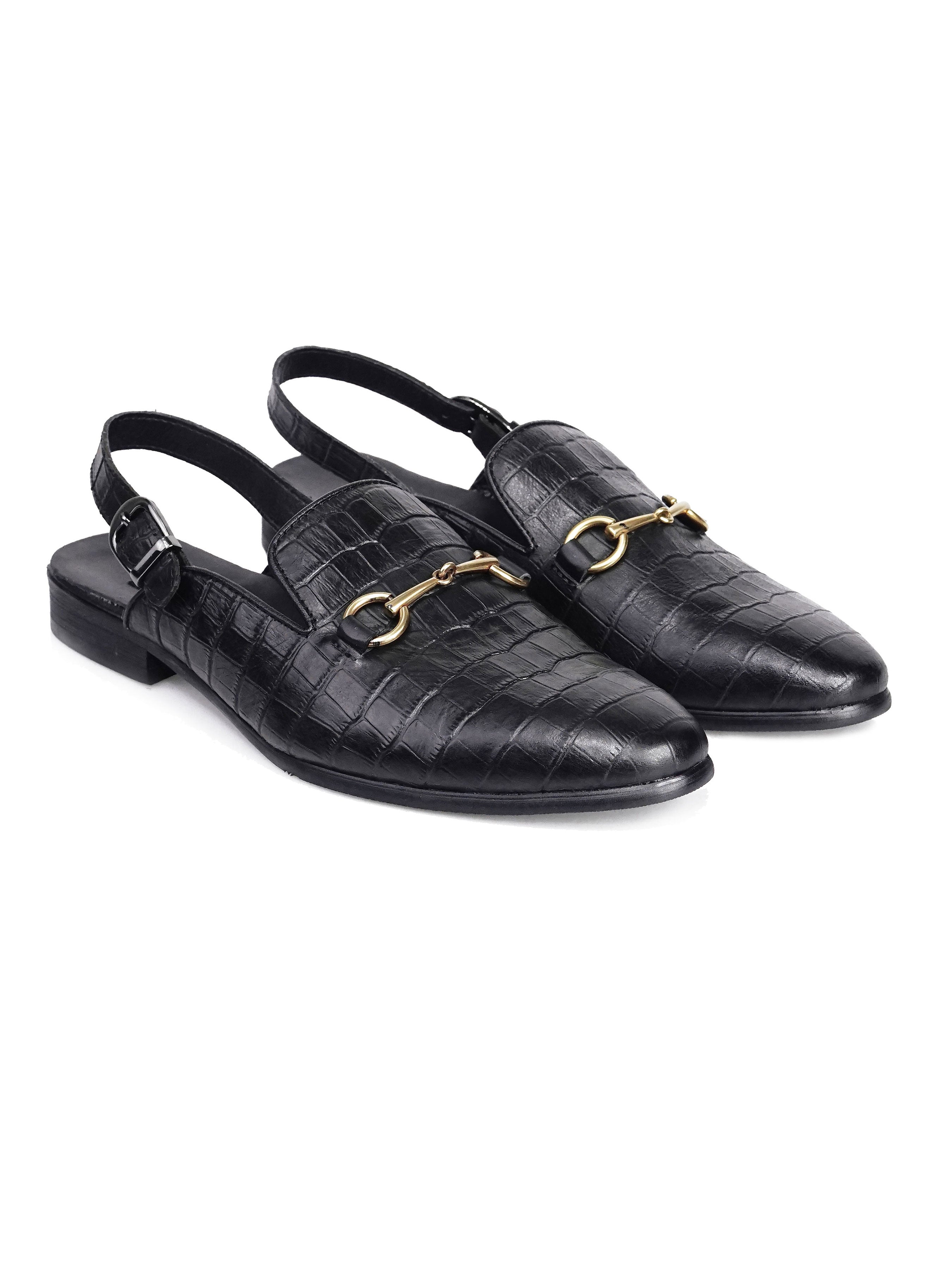 Black Croco Leather Horsebit Buckle Slingback Mules