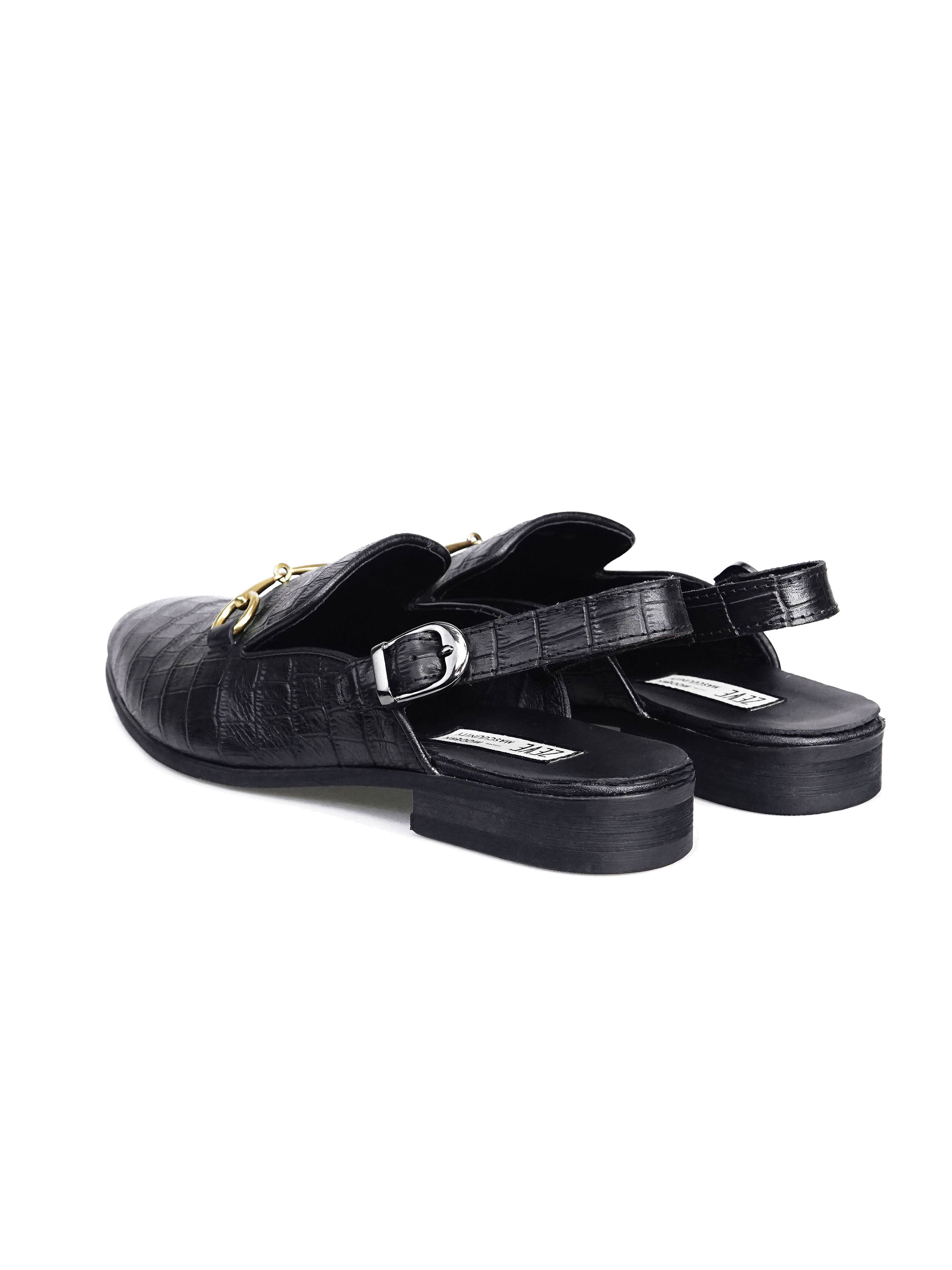 Black Croco Leather Horsebit Buckle Slingback Mules