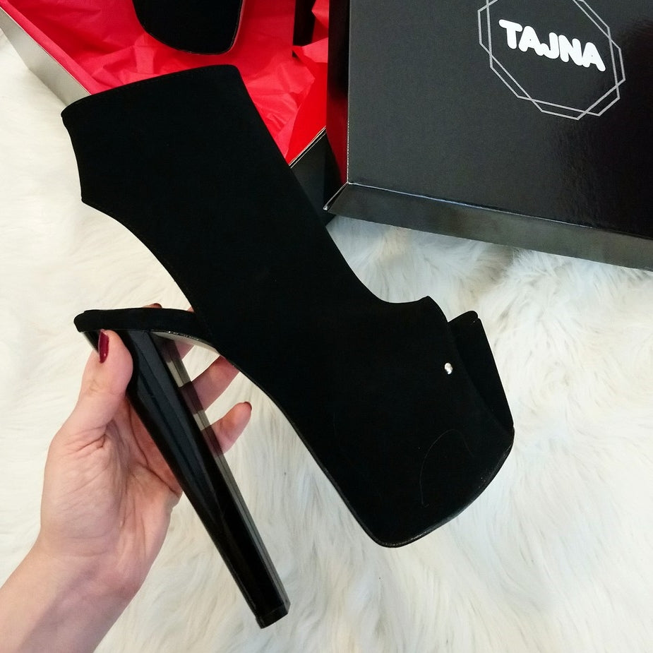 Black Faux Suede Open Back Ankle Platforms - 19 cm