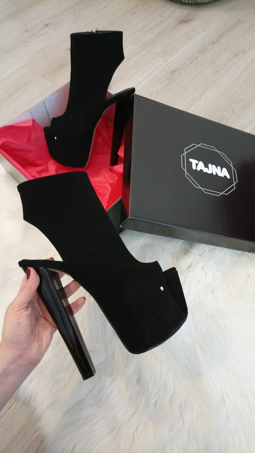 Black Faux Suede Open Back Ankle Platforms - 19 cm