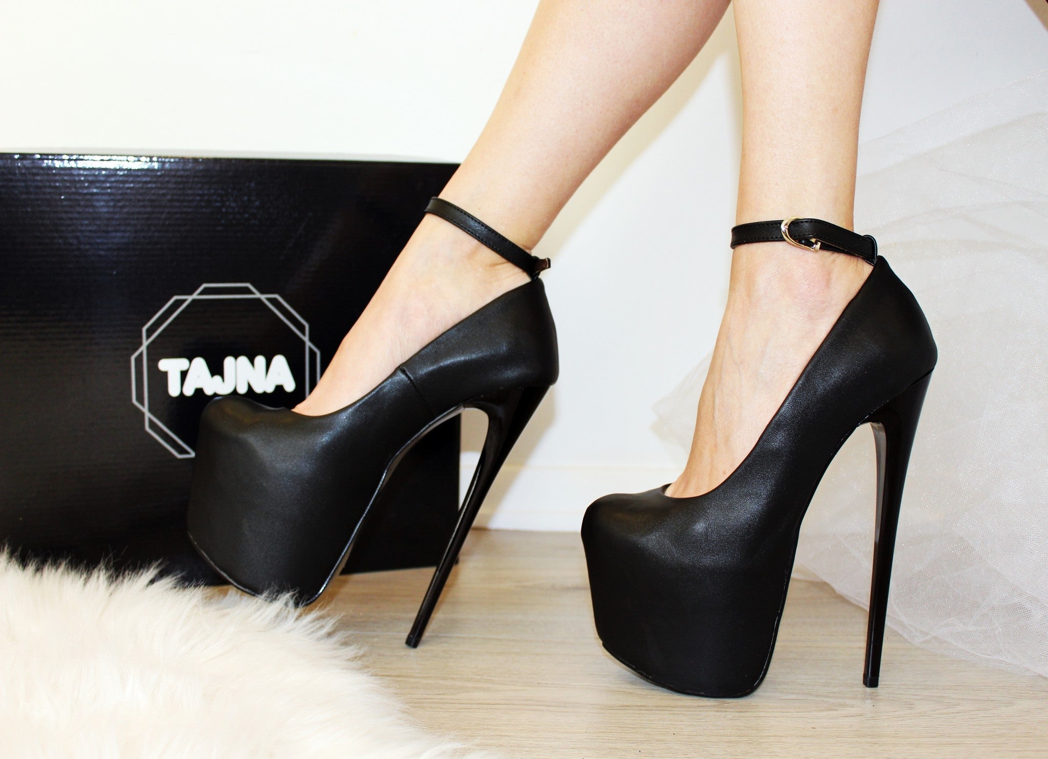 Black High Heel Ankle Strap Platform Pumps