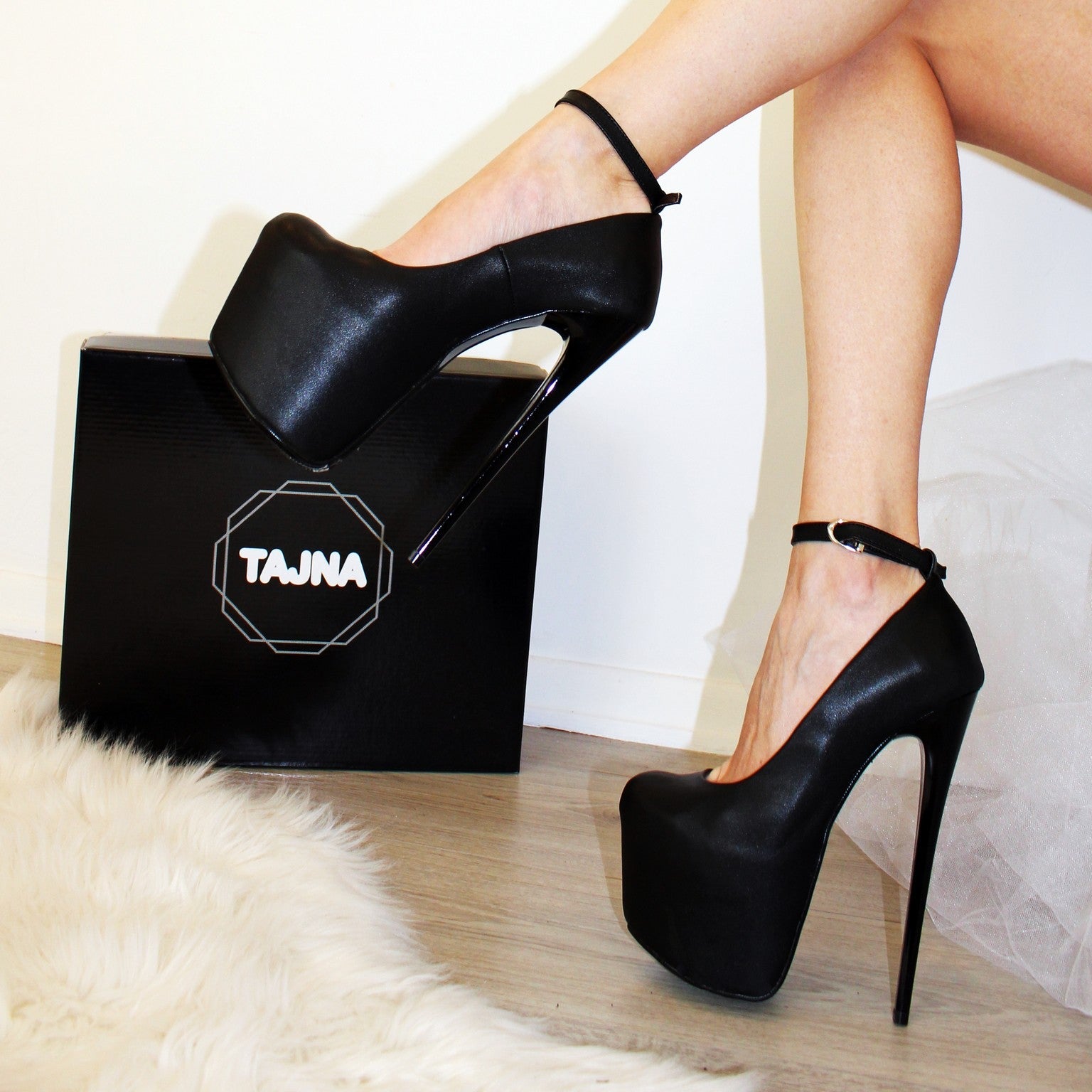 Black High Heel Ankle Strap Platform Pumps