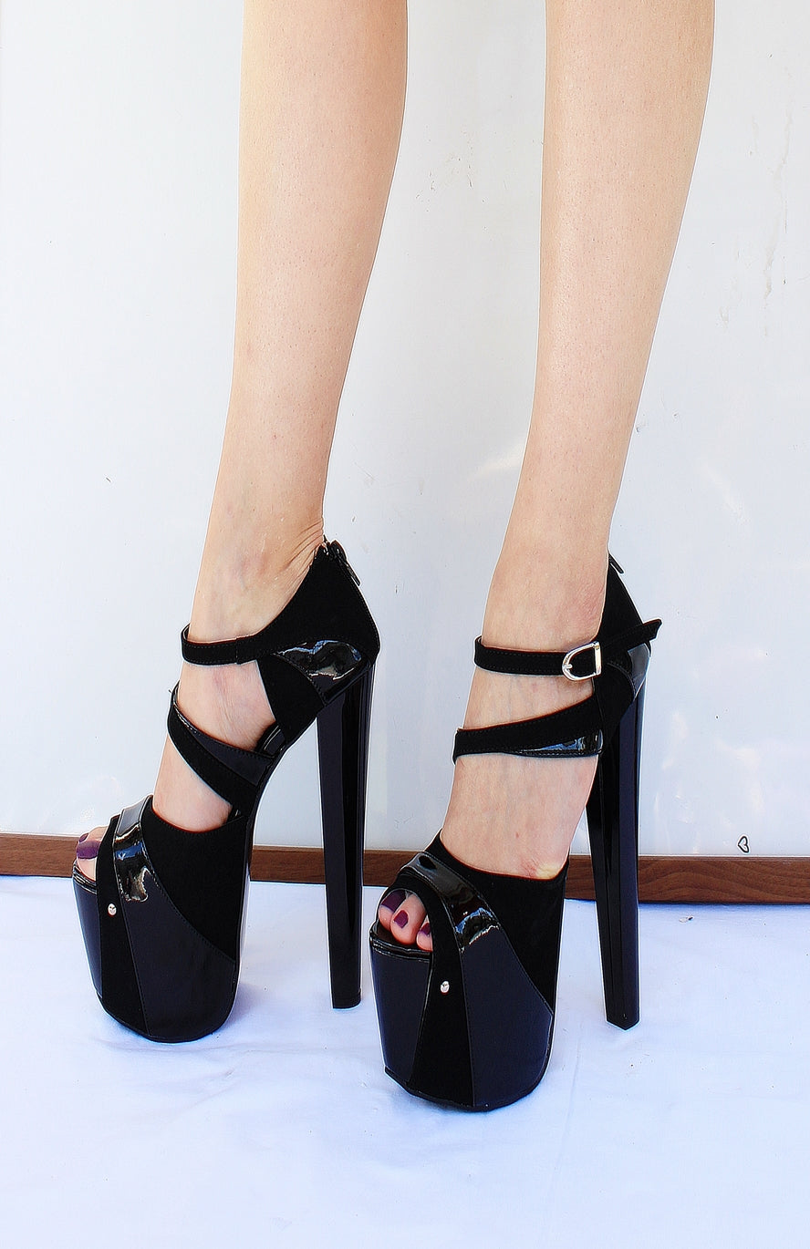 black high heel shoes with triple straps