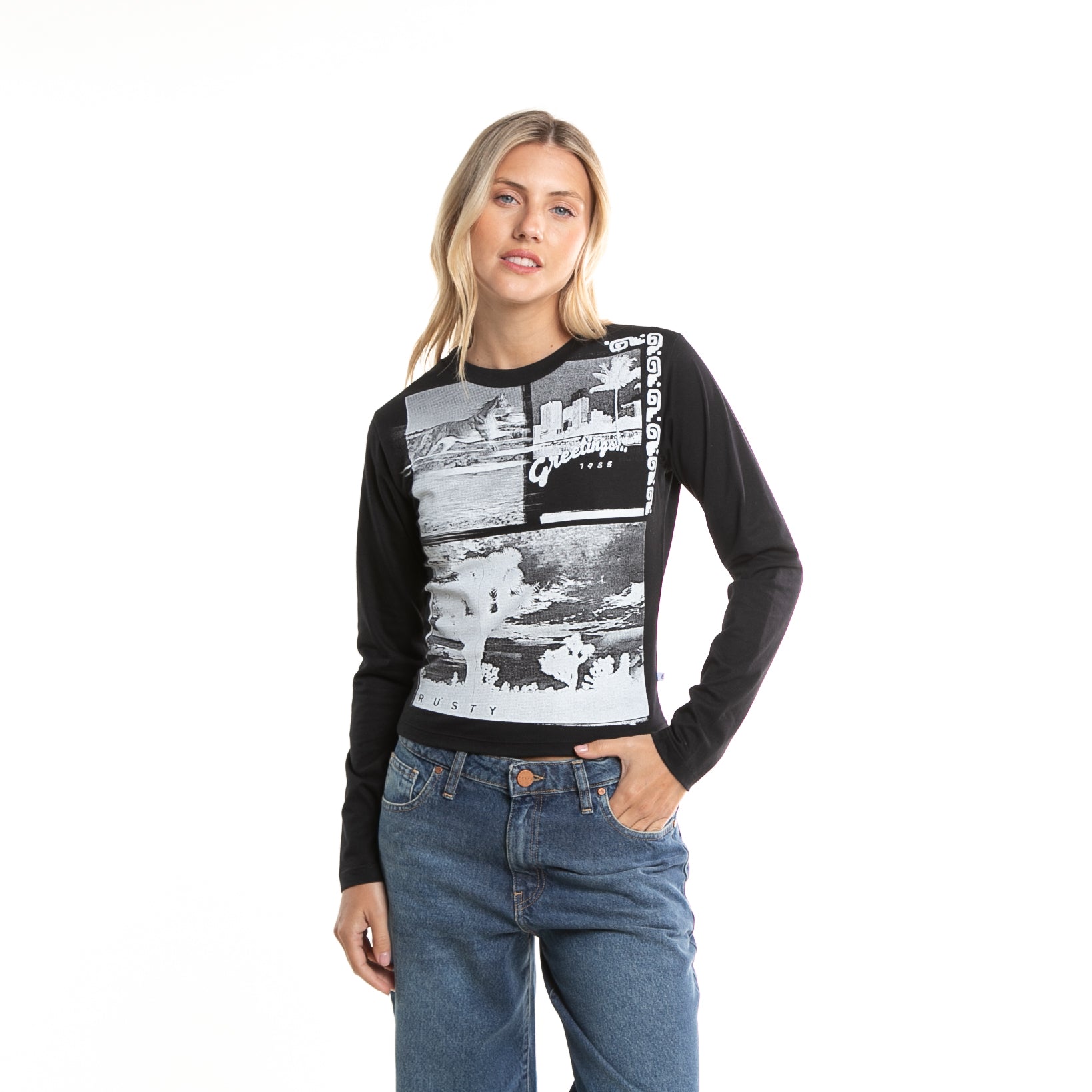 Black Long Sleeve Fit T-Shirt with Rusty Rusty Greetings Design.