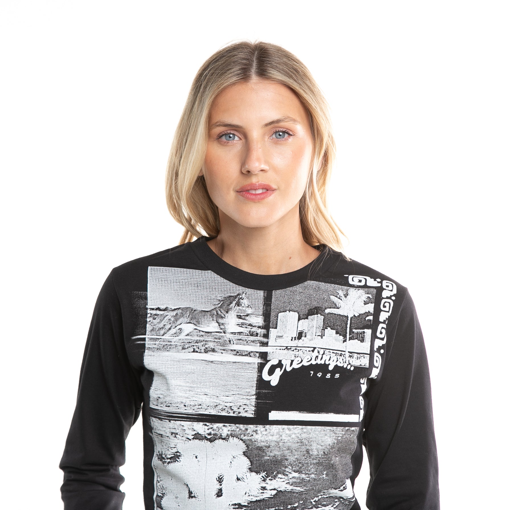 Black Long Sleeve Fit T-Shirt with Rusty Rusty Greetings Design.