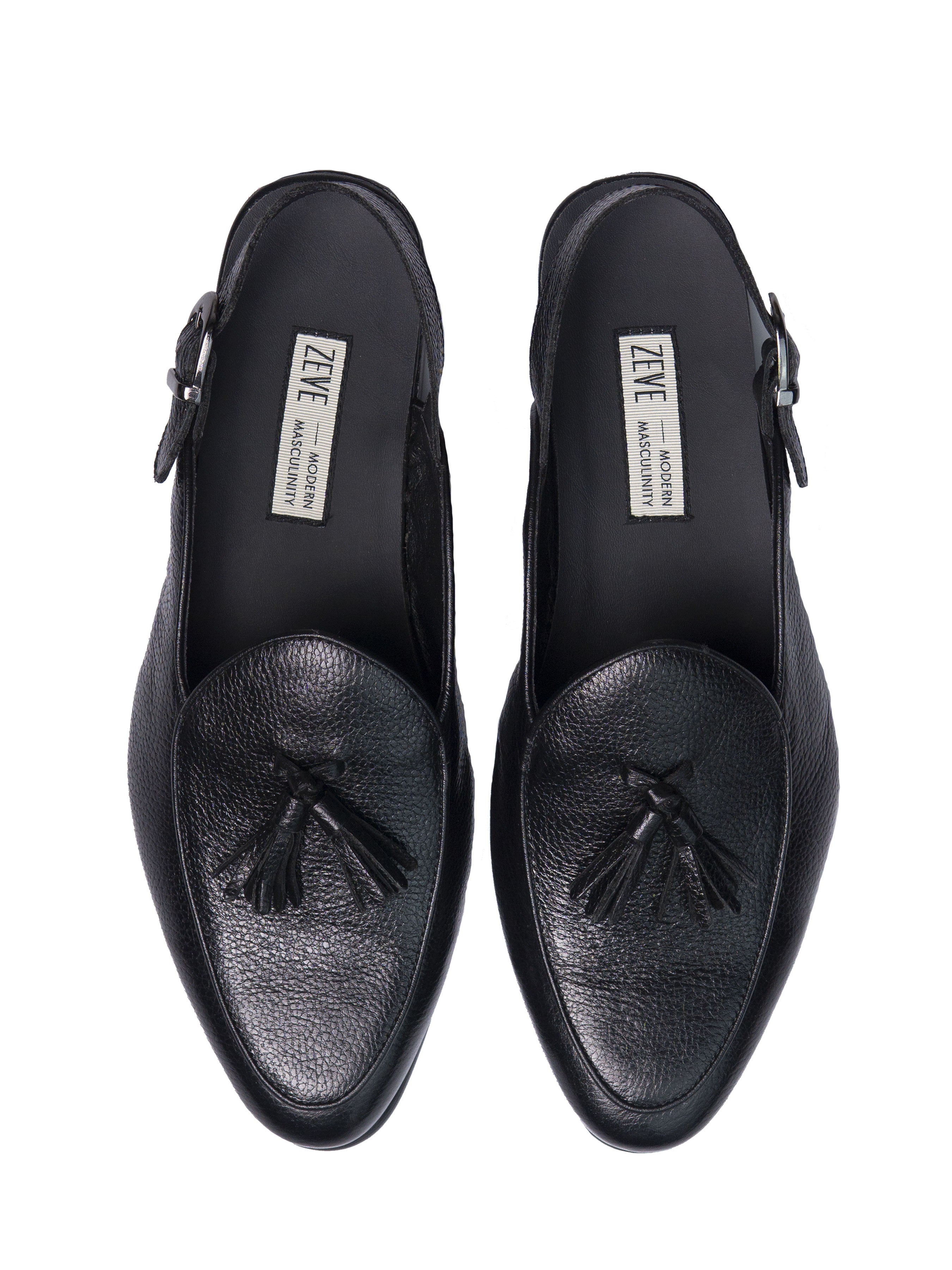 Black Pebble Grain Leather Mules Belgian Tassel Slingback Strap