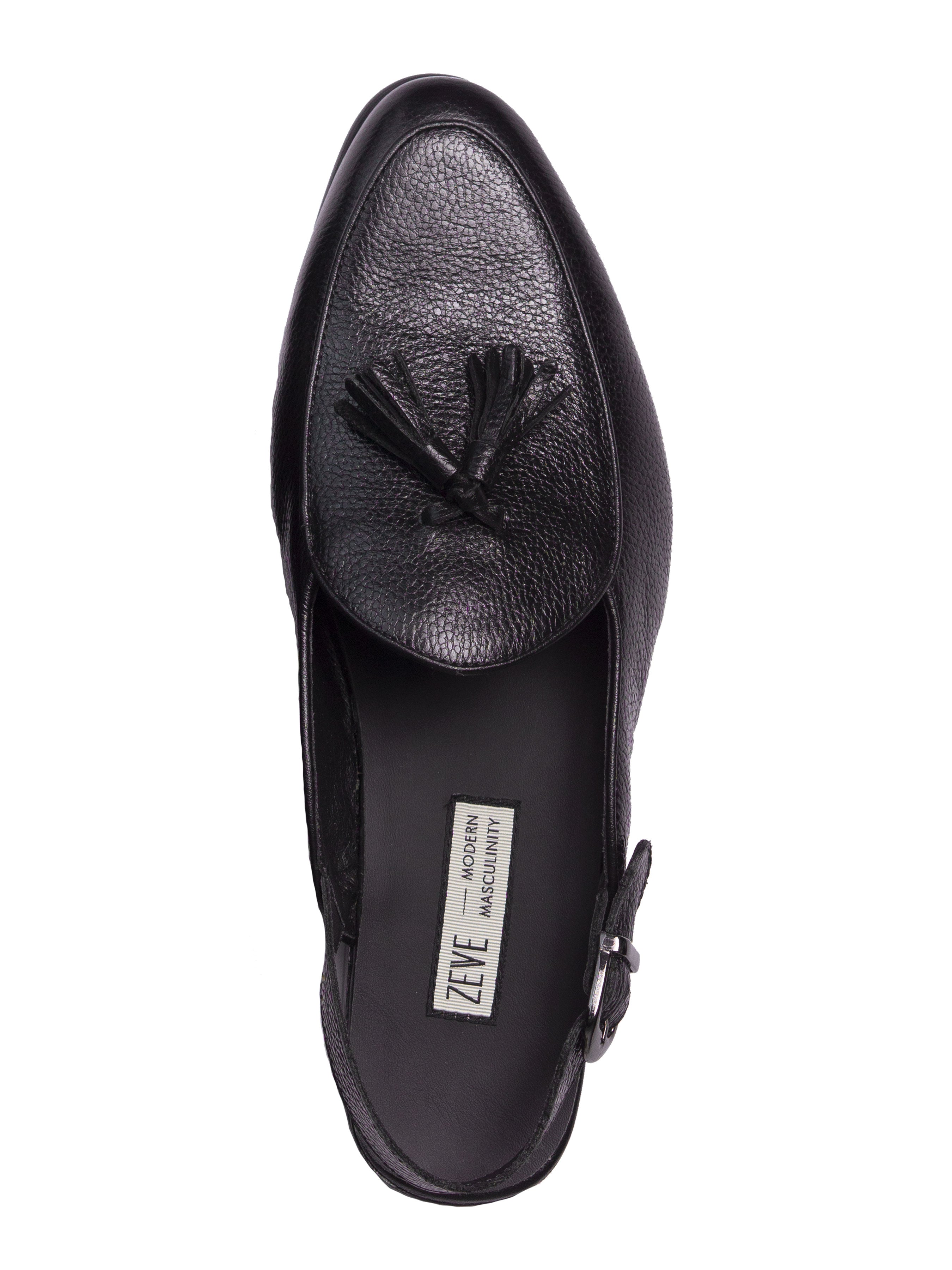 Black Pebble Grain Leather Mules Belgian Tassel Slingback Strap