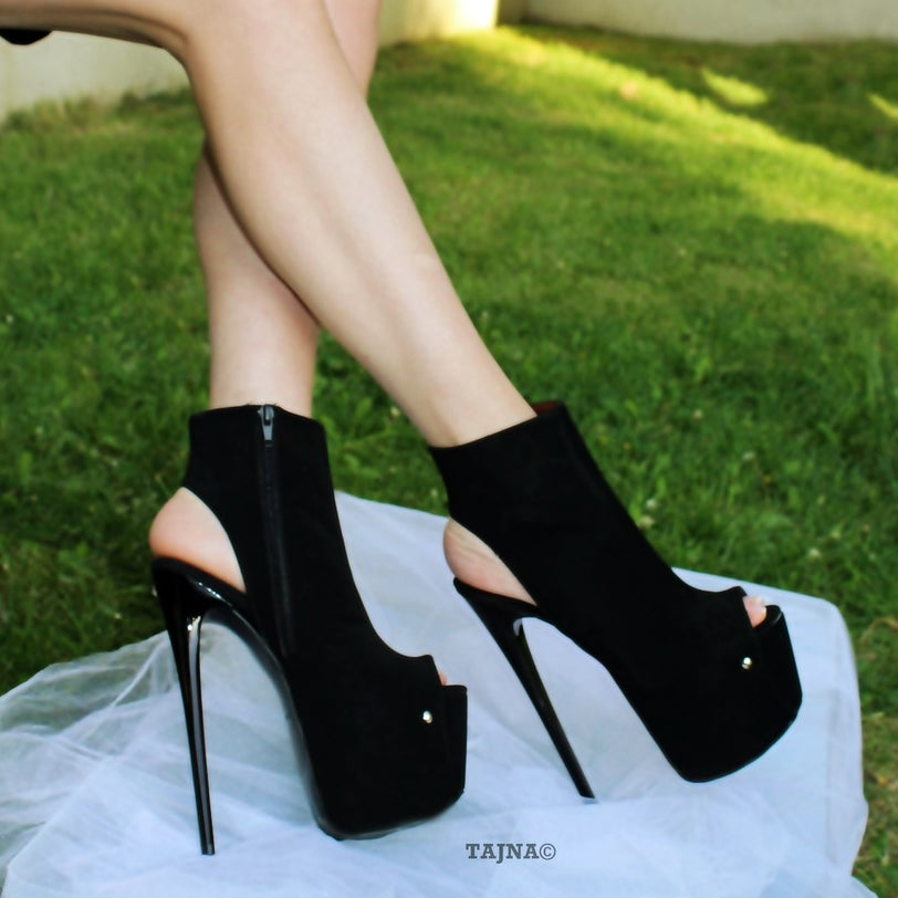 Black Peep Toe High Heeled Ankle Boots