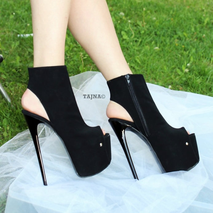 Black Peep Toe High Heeled Ankle Boots