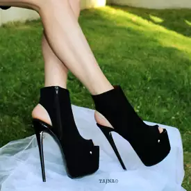 Black Peep Toe High Heeled Ankle Boots