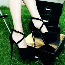 Black Platform Shoes, High Heeled, Cross-Banded