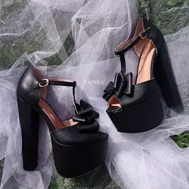 Black Ribbon Chunky High Heel Platform Shoes