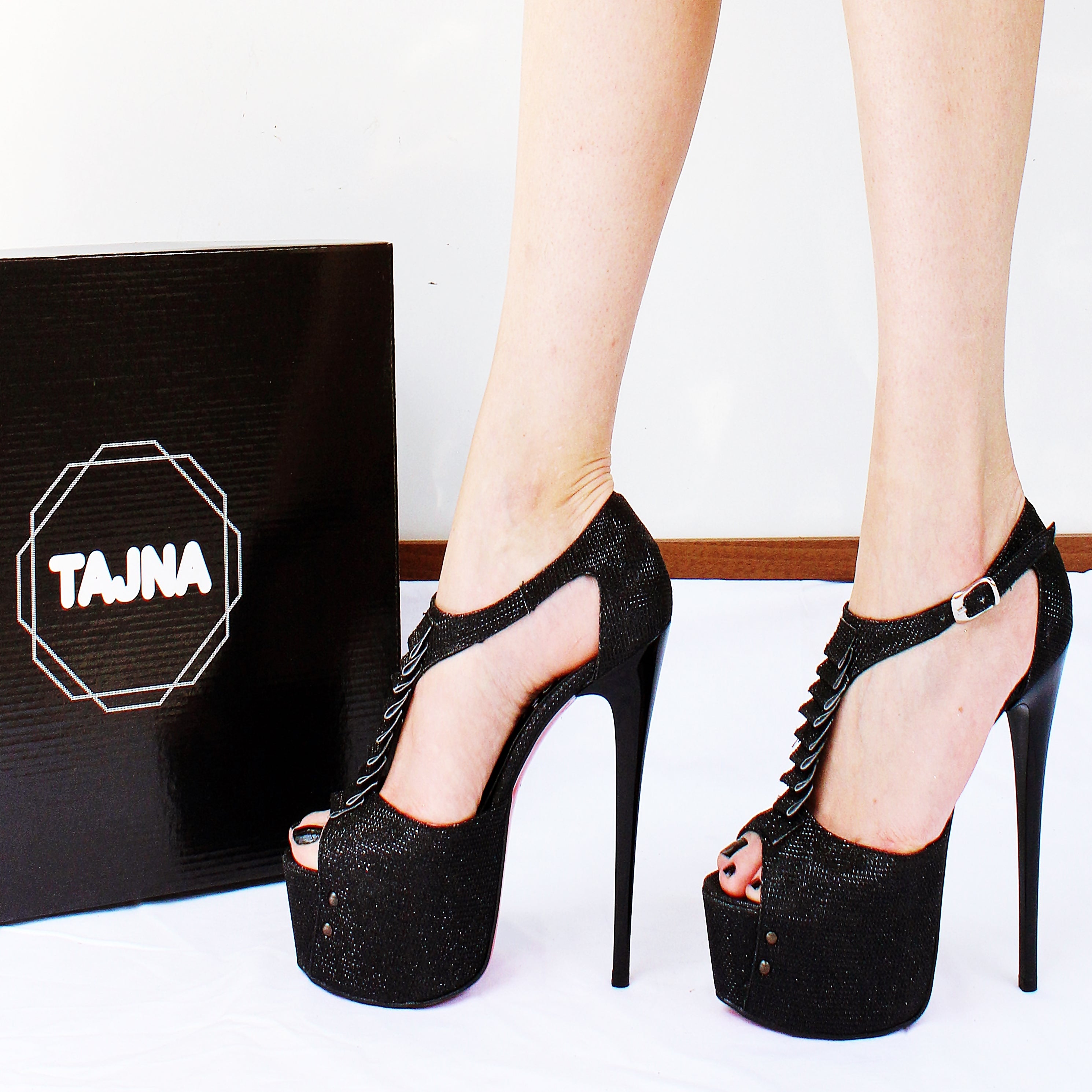 black shiny ribbon peep toe platform shoes