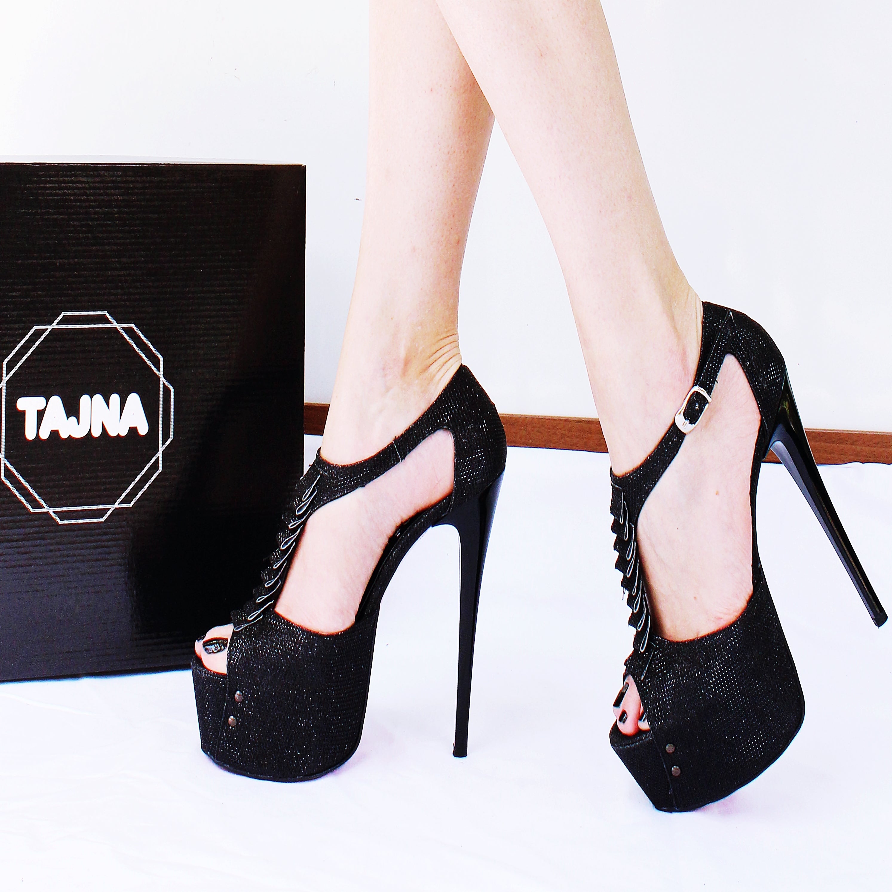 black shiny ribbon peep toe platform shoes