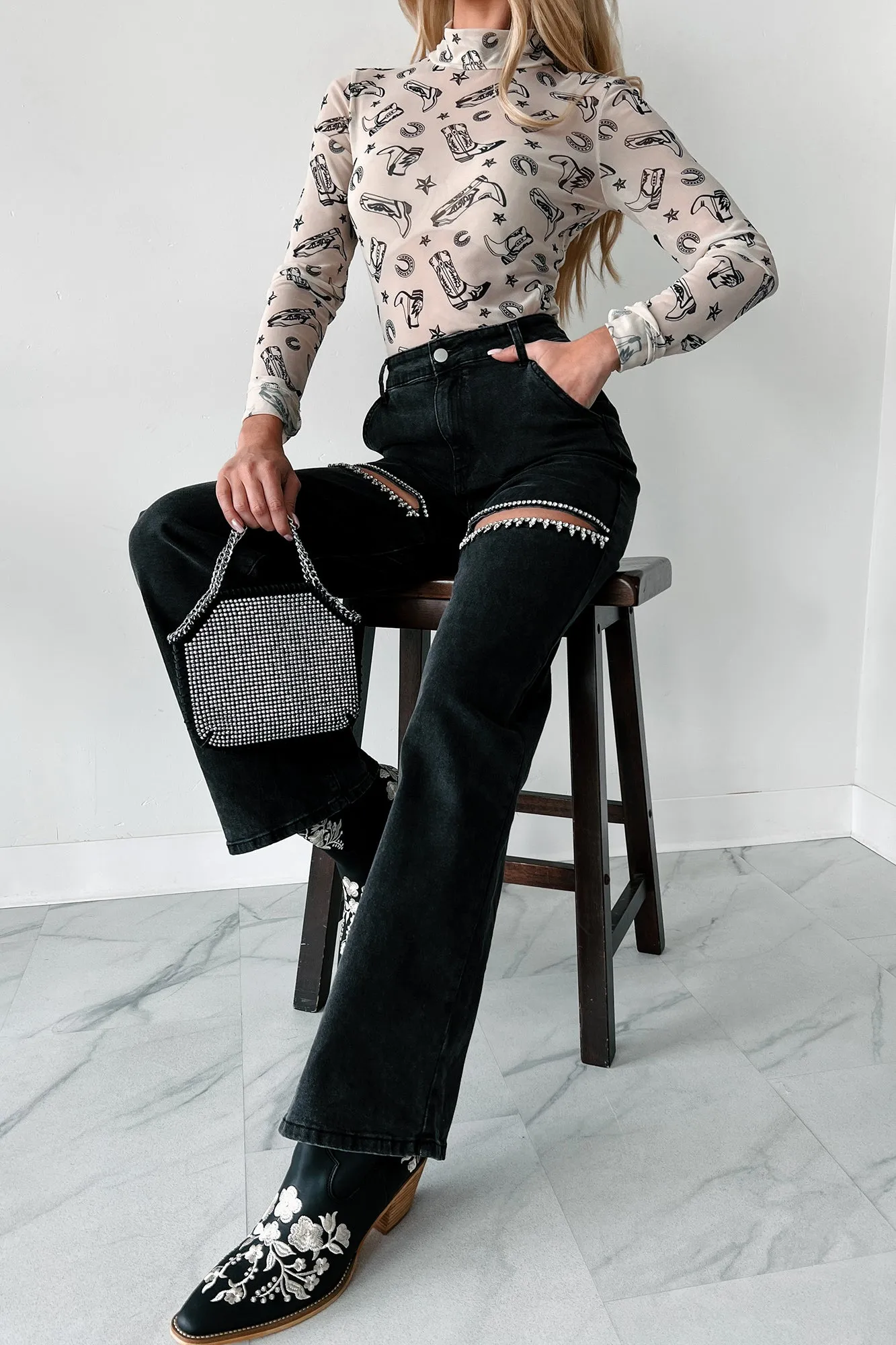 Black Wide Leg Rhinestone Jeans with Slit Front