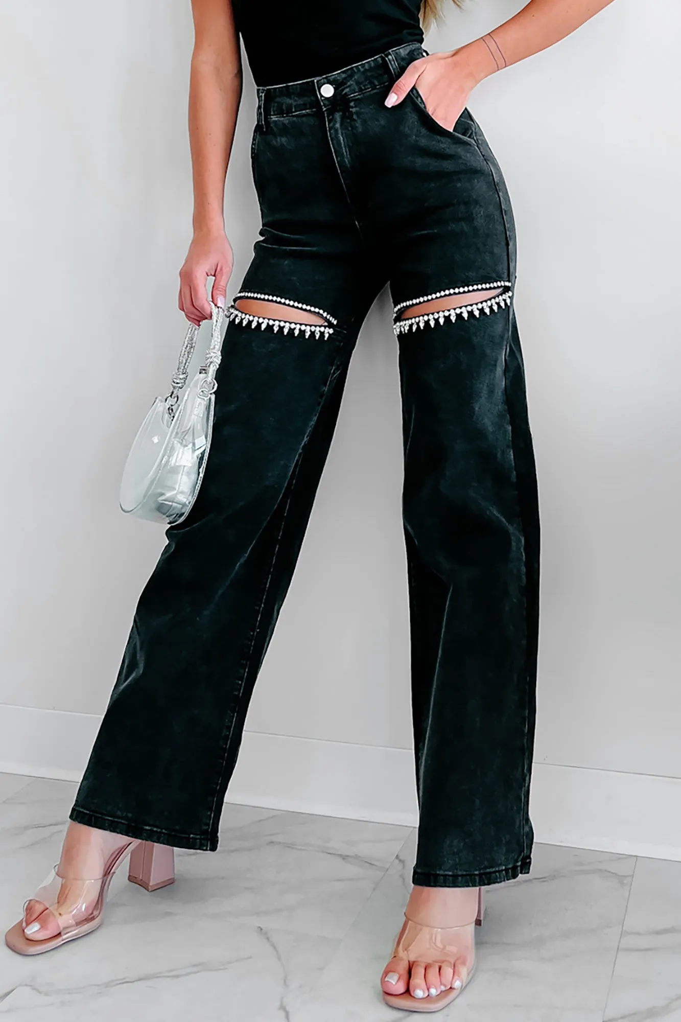 Black Wide Leg Rhinestone Jeans with Slit Front