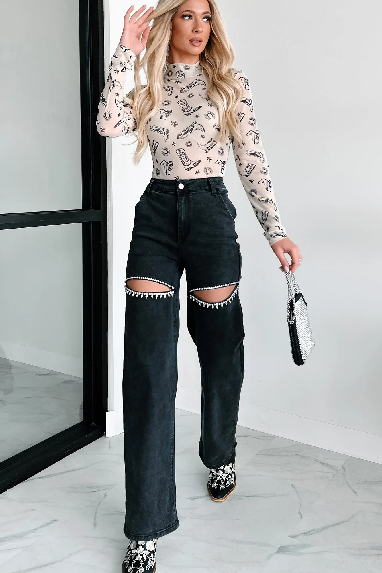 Black Wide Leg Rhinestone Jeans with Slit Front