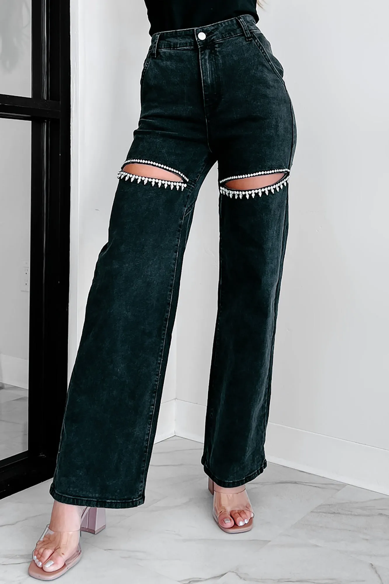 Black Wide Leg Rhinestone Jeans with Slit Front