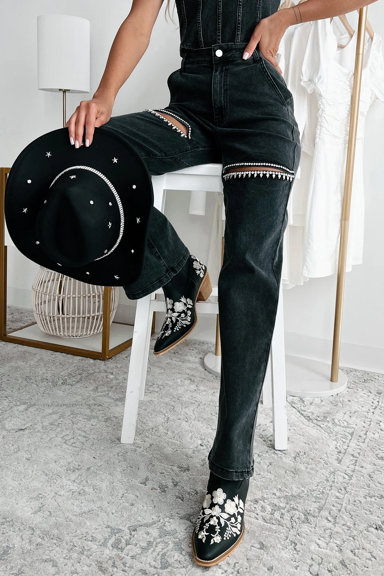 Black Wide Leg Rhinestone Jeans with Slit Front