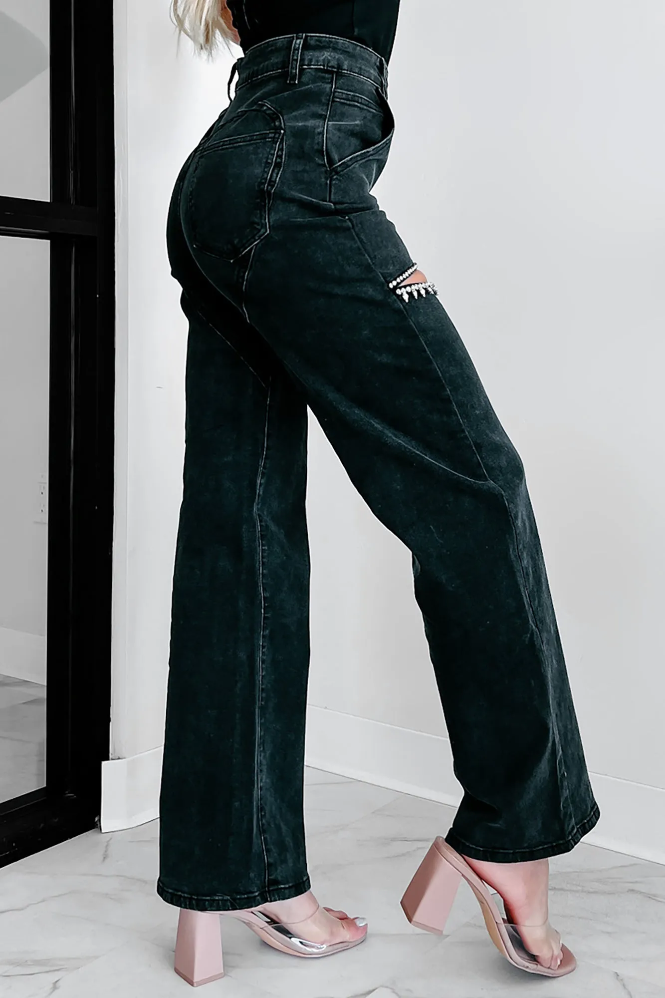 Black Wide Leg Rhinestone Jeans with Slit Front